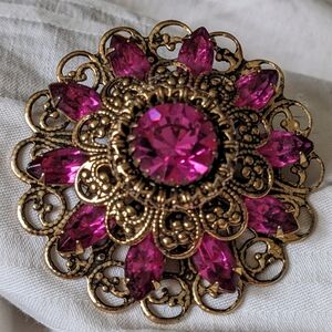Vintage Fuschia Rhinestone Brooch Gold Tone Filagree